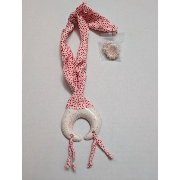 Handmade Necklace & Earrings scarf bandana ceramic red white dots  moon  13" - Picture 1 of 8